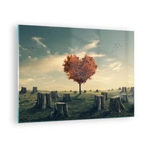 Obraz na skle - Strom ve tvaru srdce obklopený pokácenými kmeny na mýtině - 70x50cm - Pořád je ještě naděje - Moderní nástěnná dekorace do obývacího pokoje a ložnice ARTTOR