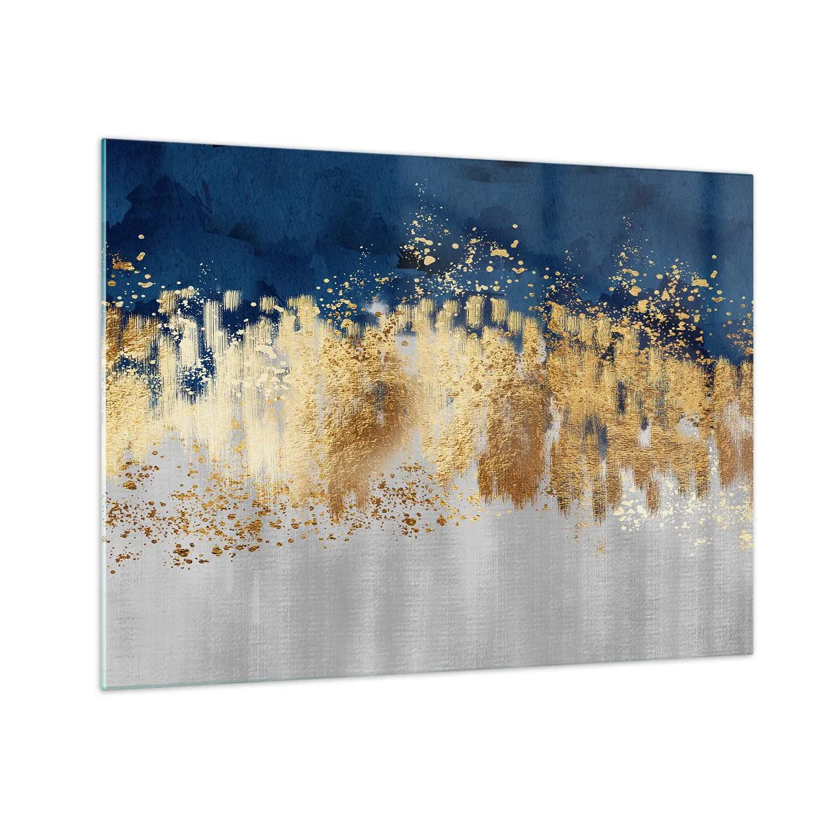 Obraz na skle - Zlaté akcenty na tmavě modrém a stříbrném pozadí - 70x50cm - Moderní kompozice s jiskrou - Moderní nástěnná dekorace do obývacího pokoje a ložnice ARTTOR