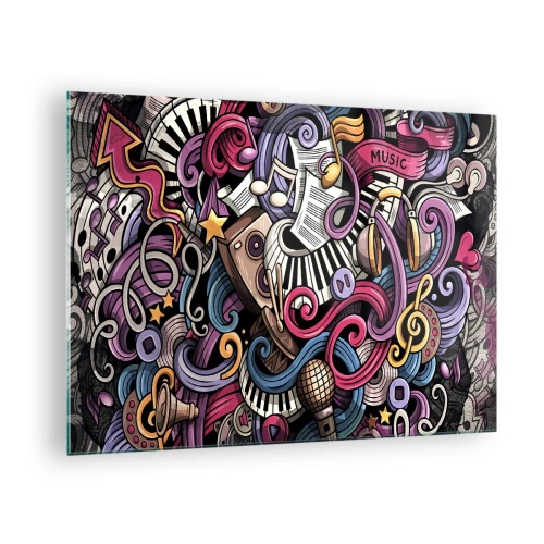 Obraz na skle - Barevné hudební motivy s notami a nástroji - 70x50cm - Komplikovaná melodie - Moderní nástěnná dekorace do obývacího pokoje a ložnice ARTTOR