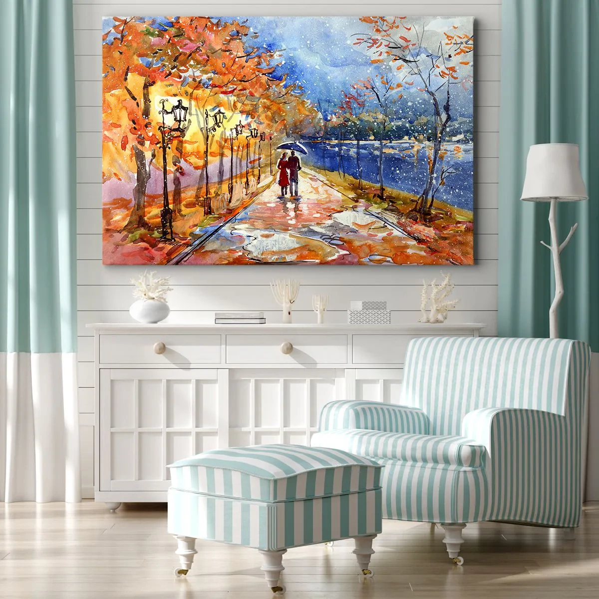 Obraz na plátně - Podzimní procházka v parku na břehu řeky pod slunečníkem - 70x50cm - Společně k hranici času - Moderní nástěnná dekorace do obývacího pokoje a ložnice ARTTOR
