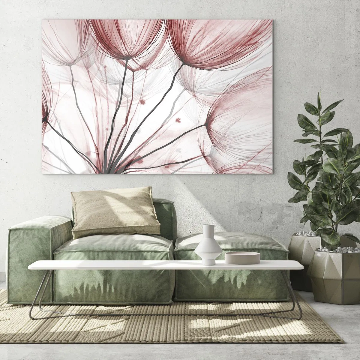 Obraz na skle - Jemné pampelišky v odstínech růžové a černé - 70x50cm - Před odletem - Moderní nástěnná dekorace do obývacího pokoje a ložnice ARTTOR