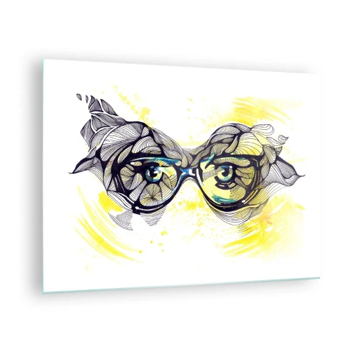 Obraz na skle - Brýle s uměleckými vzory a očima na žlutém pozadí - 70x50cm - Přes modré brýle - Moderní nástěnná dekorace do obývacího pokoje a ložnice ARTTOR