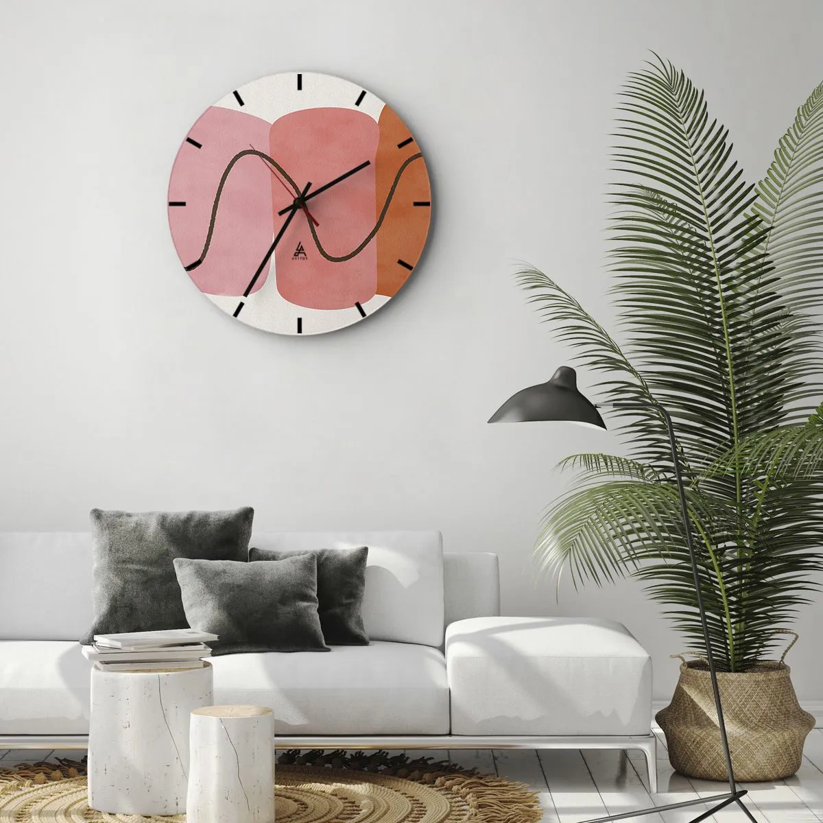 Nástěnné hodiny - Abstraktní tvary v odstínech růžové a oranžové s vlnitými čarami - 30x30cm - Jemný pohyb forem - Moderní nástěnná dekorace do obývacího pokoje, kuchyně a ložnice ARTTOR