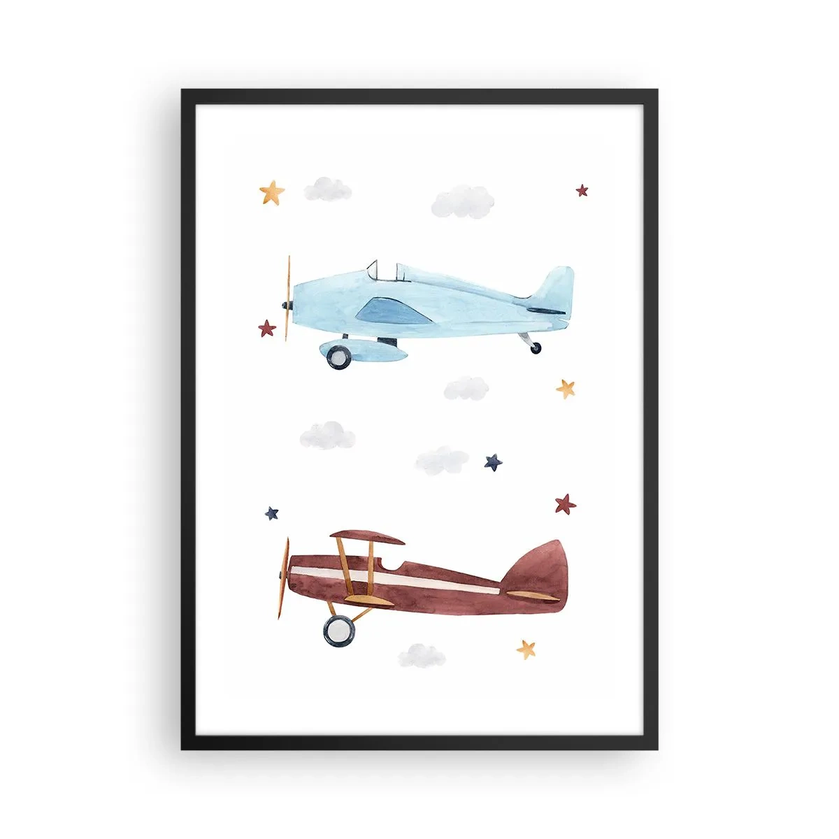 Plakát v černém rámu - Akvarelové ilustrace dvou letadel plujících mezi mraky a hvězdami. - 50x70cm - Pane pilote, čekáme! - Moderní nástěnná dekorace do obývacího pokoje a ložnice ARTTOR