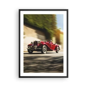 Plakát v černém rámu - Červené klasické auto proti rozmazané krajině - 50x70cm - Krásnější než Níké Samothrácká - Moderní nástěnná dekorace do obývacího pokoje a ložnice ARTTOR