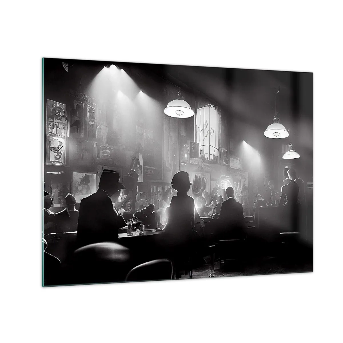 Obraz na skle - Černobílé jazzové pódium v interiéru klubu - 70x50cm - V jazzové atmosféře - Moderní nástěnná dekorace do obývacího pokoje a ložnice ARTTOR