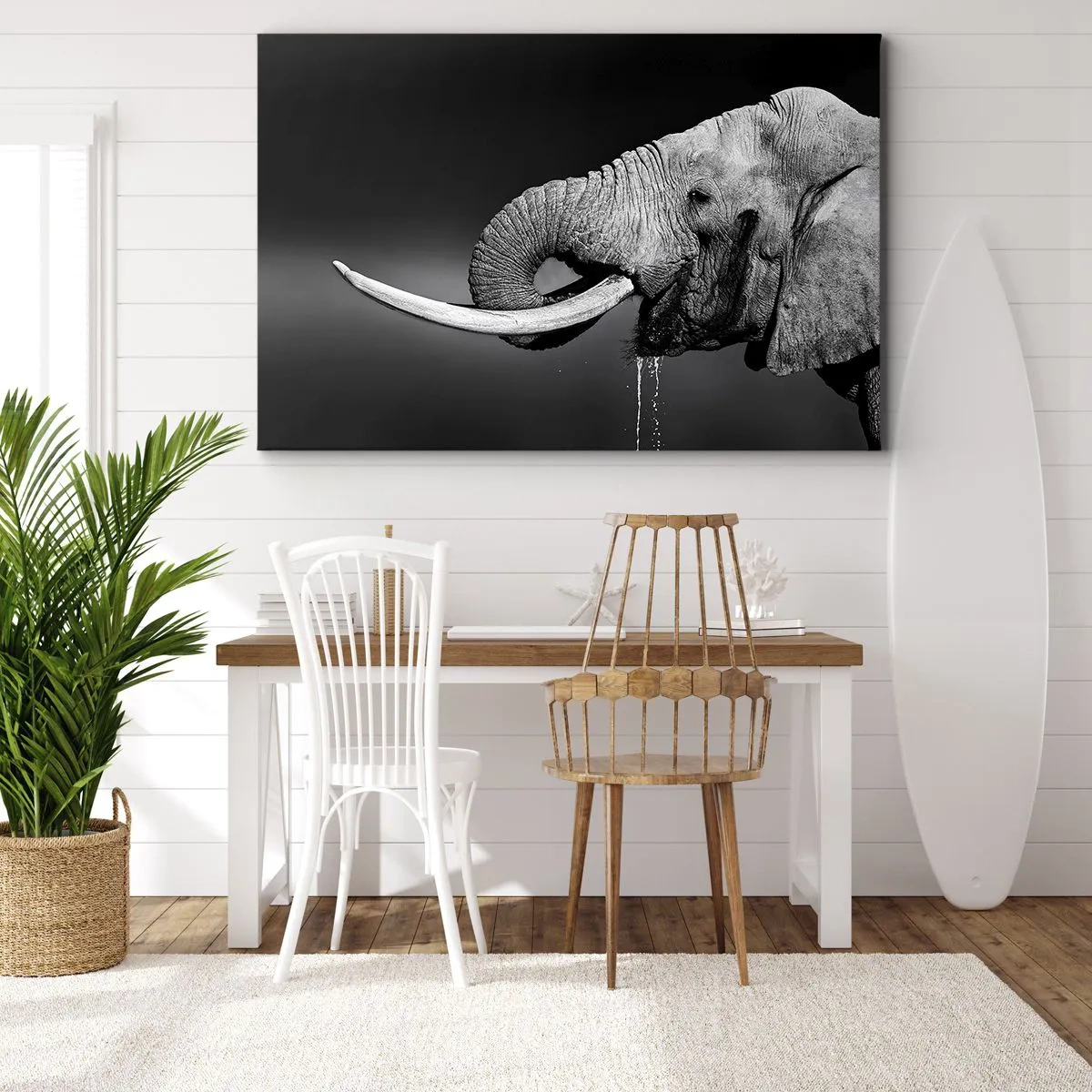 Obraz na plátně - Černobílý portrét slona v profilu - 70x50cm - Ano, teď je to dobré - Moderní nástěnná dekorace do obývacího pokoje a ložnice ARTTOR