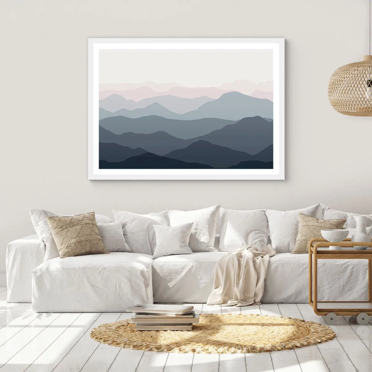 Plakát v bílém rámu - Vlny hor - 100x70 cm