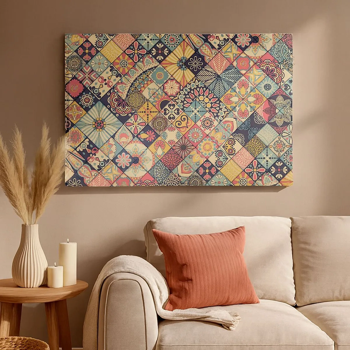 Obraz na plátně - Barevné geometrické vzory inspirované marockým stylem - 70x50cm - Marokánská vize - Moderní nástěnná dekorace do obývacího pokoje a ložnice ARTTOR