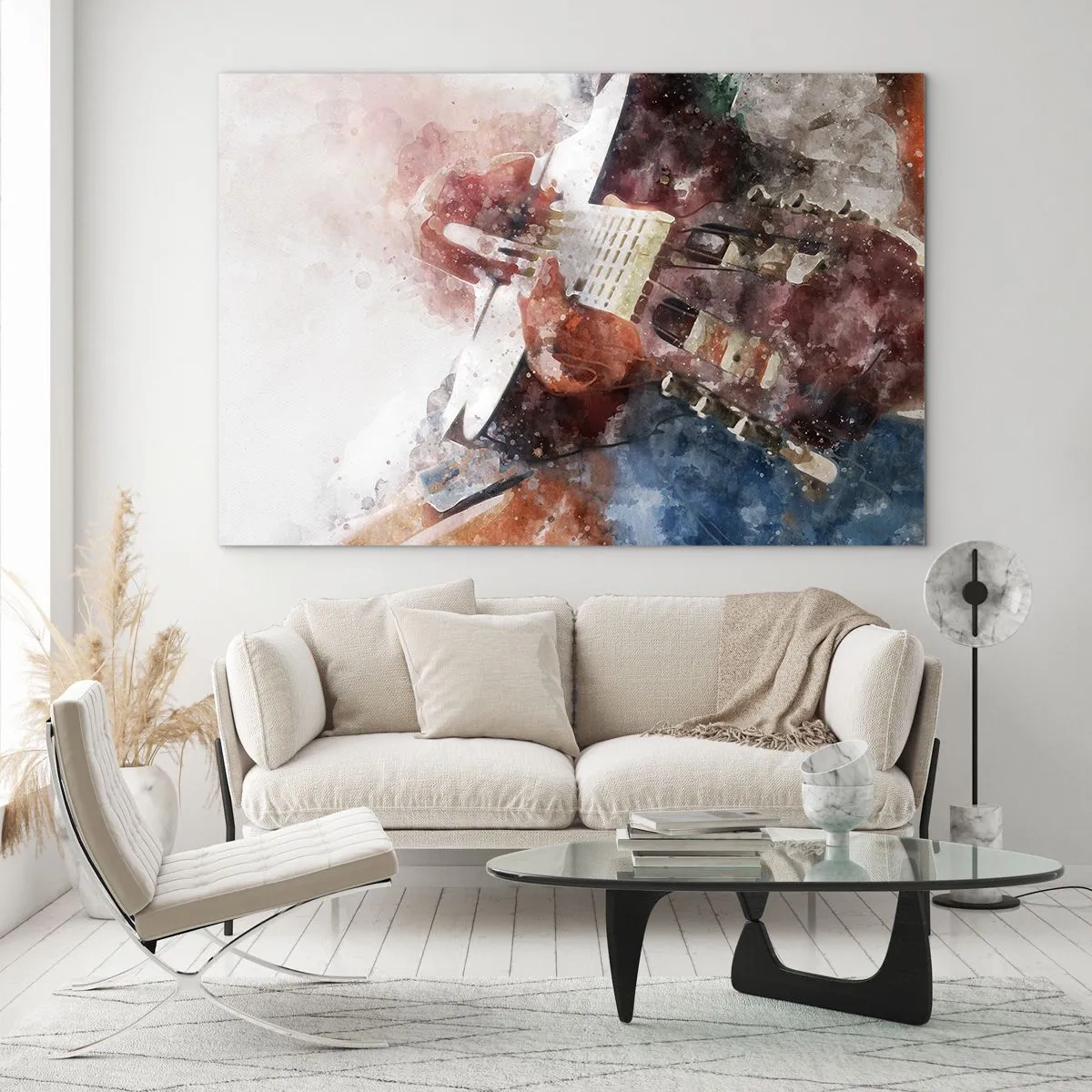 Obraz na skle - Akvarelový obraz uměleckého kytaristy - 70x50cm - Co si o tom myslíš? - Moderní nástěnná dekorace do obývacího pokoje a ložnice ARTTOR