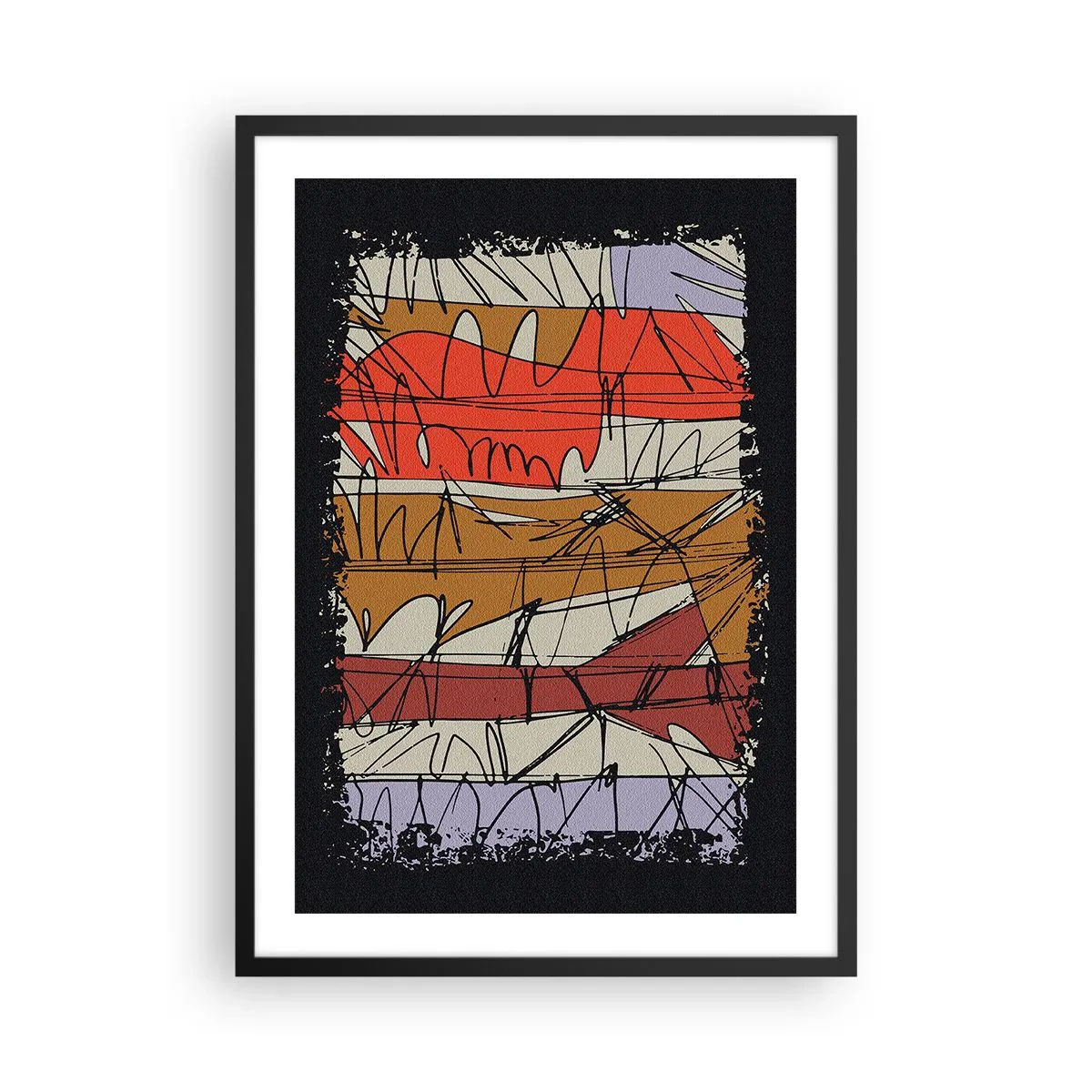 Plakát v černém rámu - Abstraktní kompozice s dynamickými liniemi a barvami. - 50x70cm - Spontánní kompozice - Moderní nástěnná dekorace do obývacího pokoje a ložnice ARTTOR
