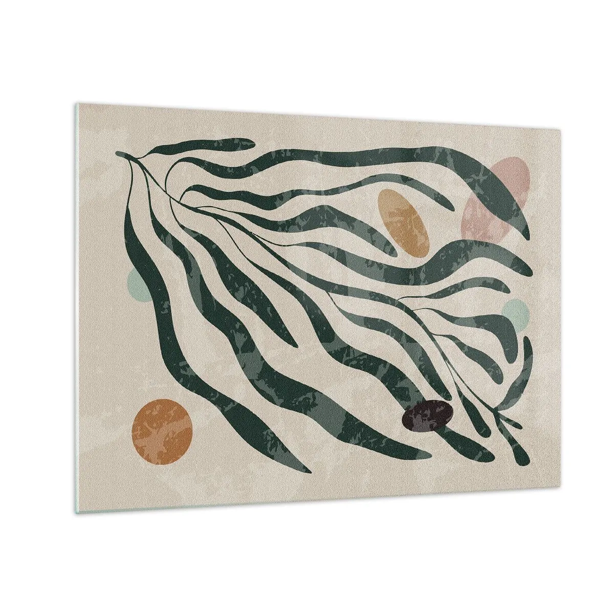 Obraz na skle - Organické tvary v zelené barvě na béžovém pozadí - 70x50cm - Uprostřed zeleně - Moderní nástěnná dekorace do obývacího pokoje a ložnice ARTTOR