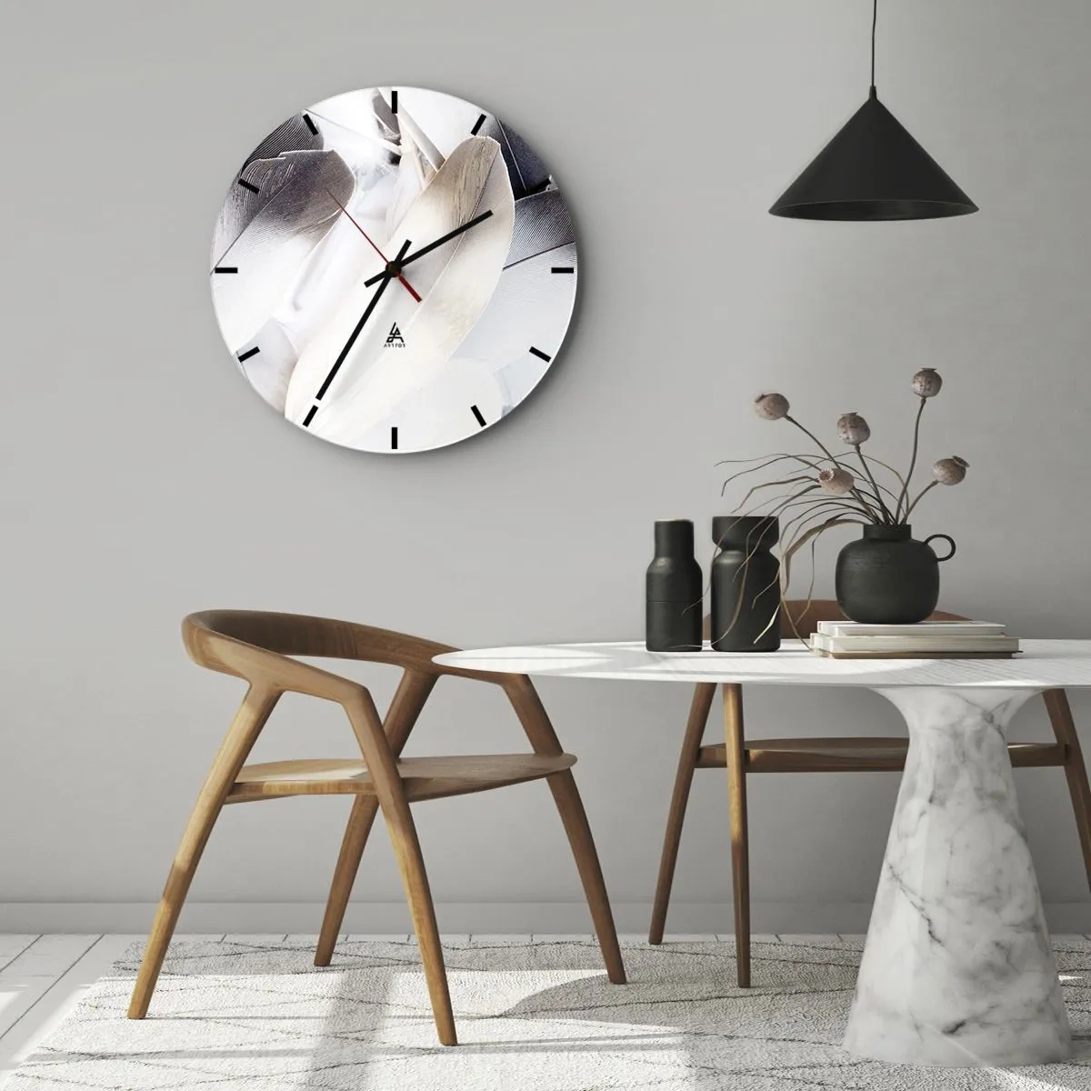 Nástěnné hodiny - Jemné, zářivé peří v umělecké kompozici - 30x30cm - Téměř andělské - Moderní nástěnná dekorace do obývacího pokoje, kuchyně a ložnice ARTTOR