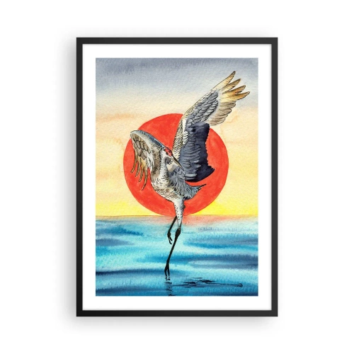 Plakát v černém rámu - Jeřáb vznášející se nad vodou proti rudému slunci - 50x70cm - Je čas jít zpět - Moderní nástěnná dekorace do obývacího pokoje a ložnice ARTTOR