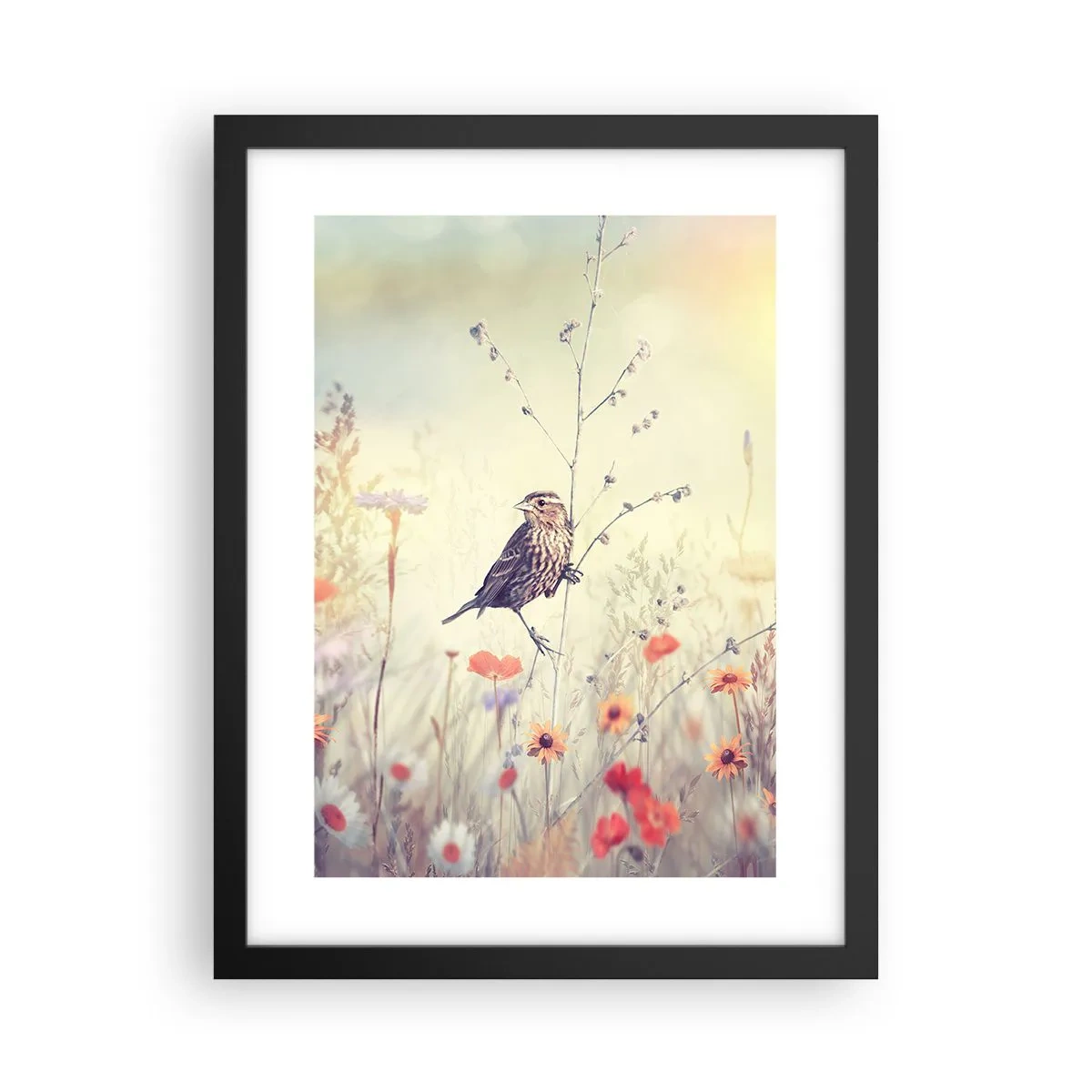Plakát v černém rámu - Portrét ptáka s loukou v pozadí - 30x40 cm