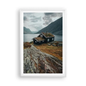 Plakát v bílém rámu - Domek u fjordu - 61x91 cm