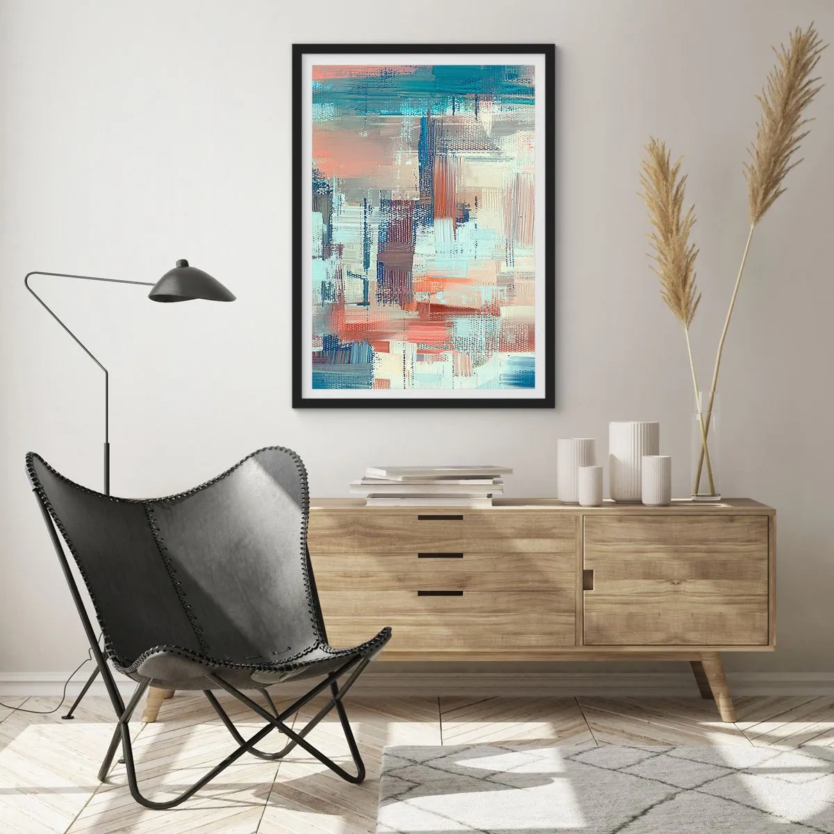 Plakát v černém rámu - Abstraktní kompozice tahů štětcem v teplých barvách. - 50x70cm - Dostat se ke světlu - Moderní nástěnná dekorace do obývacího pokoje a ložnice ARTTOR