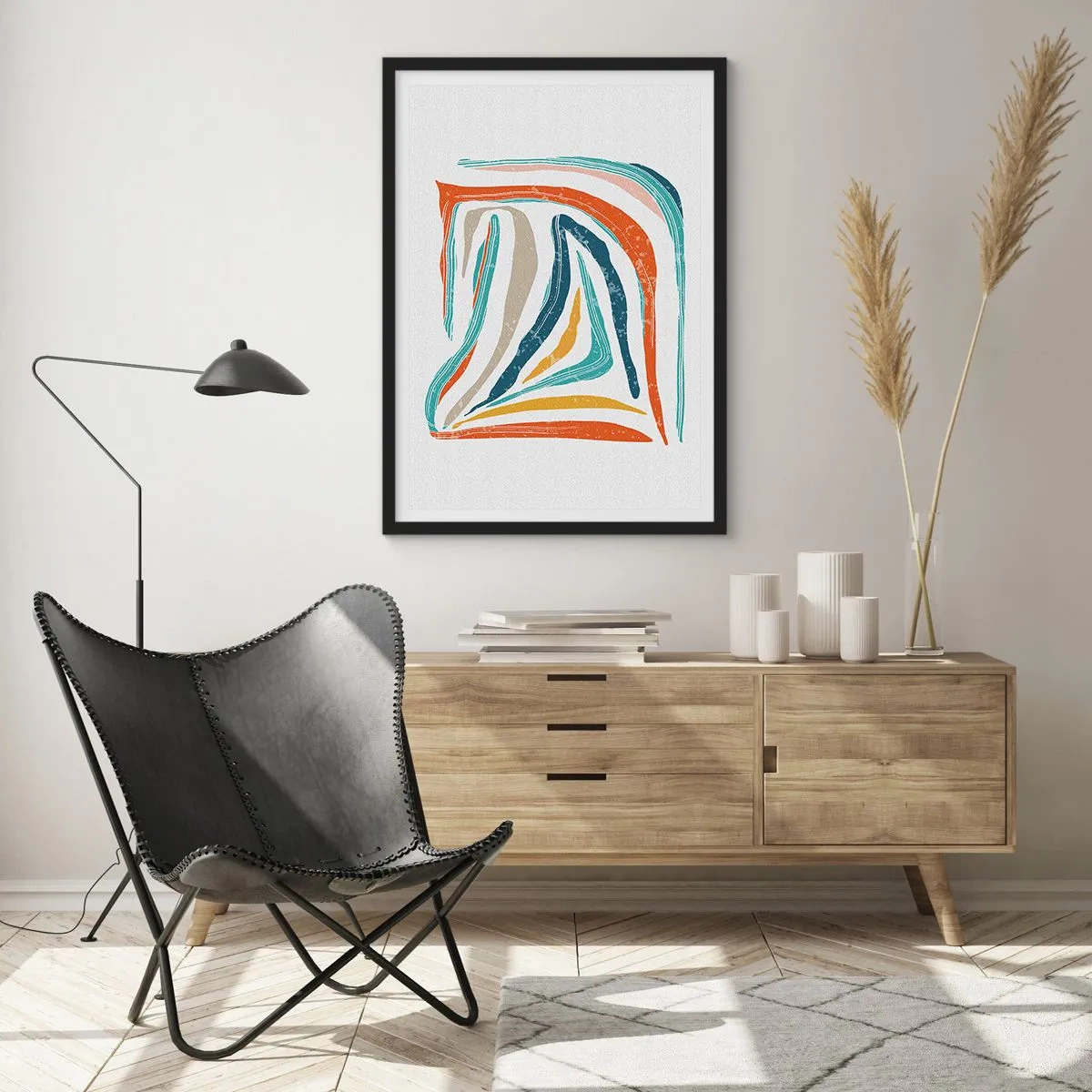 Plakát v černém rámu - Barevná abstrakce s organickými liniemi - 50x70cm - Přátelsky usměvavá abstrakce - Moderní nástěnná dekorace do obývacího pokoje a ložnice ARTTOR