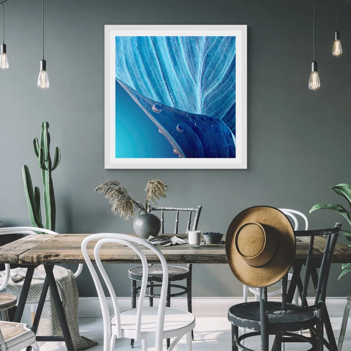 Plakát v bílém rámu - Skryté kapky modři - 40x40 cm