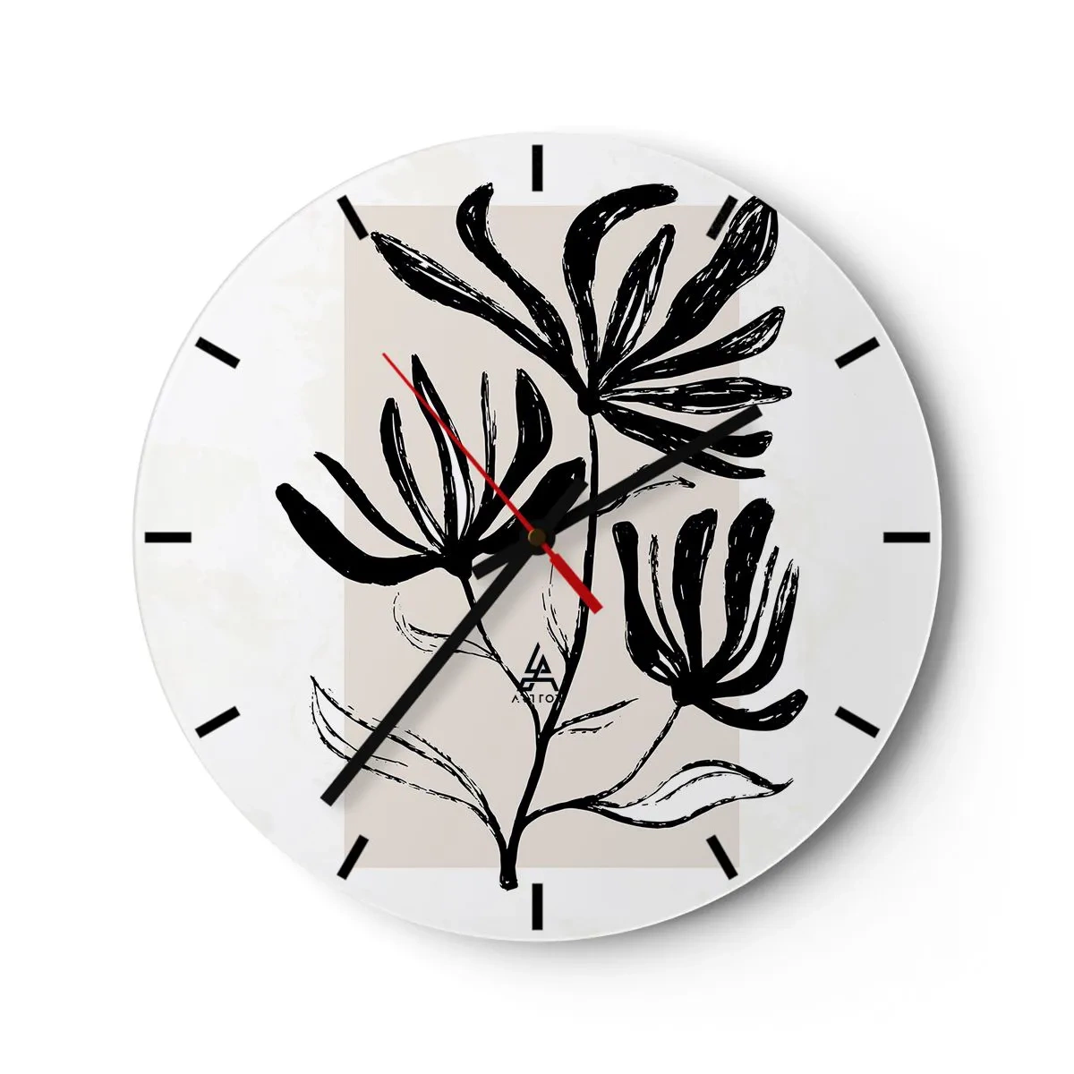 Nástěnné hodiny - Černá skica rostliny na světlém pozadí s béžovým akcentem. - 30x30cm - Náčrtek pro herbář - Moderní nástěnná dekorace do obývacího pokoje, kuchyně a ložnice ARTTOR