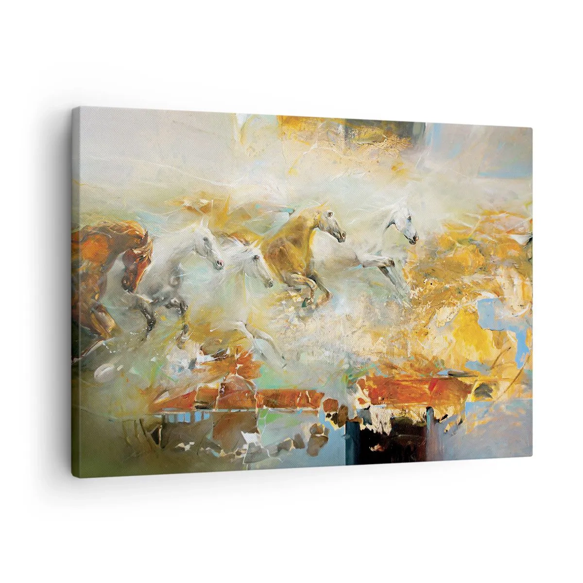 Obraz na plátně - Umělečtí koně v dynamickém, barevném prostředí - 70x50cm - Cválá světlem - Moderní nástěnná dekorace do obývacího pokoje a ložnice ARTTOR