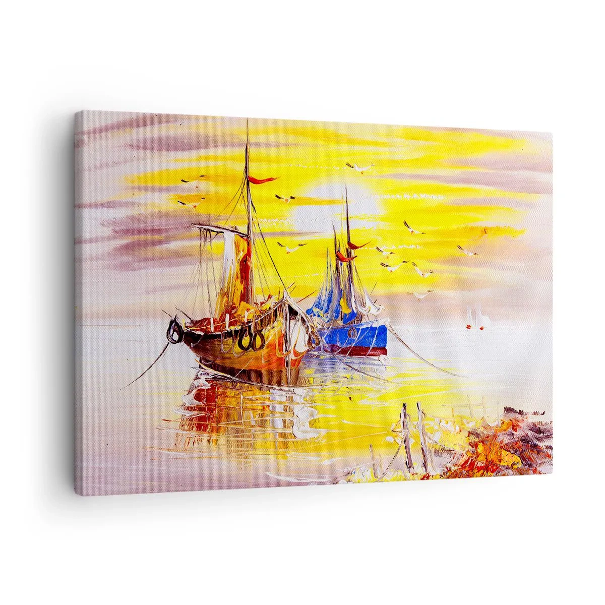 Obraz na plátně - Malířská scéna lodí na klidném moři - 70x50cm - Zasloužený odpočinek v přístavu - Moderní nástěnná dekorace do obývacího pokoje a ložnice ARTTOR