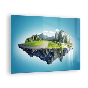 Obraz na skle - Plovoucí ostrov s horami, vodopádem a zelení - 70x50cm - Fantastický ostrov - Moderní nástěnná dekorace do obývacího pokoje a ložnice ARTTOR