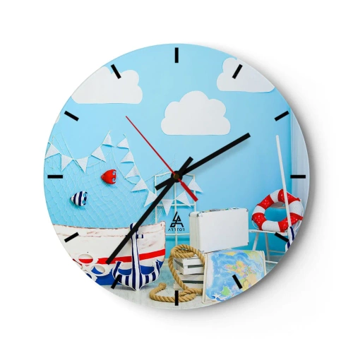 Nástěnné hodiny - Námořní téma s modrým pozadím - 30x30cm - Dětský stesk za dobrodružstvím - Moderní nástěnná dekorace do obývacího pokoje, kuchyně a ložnice ARTTOR