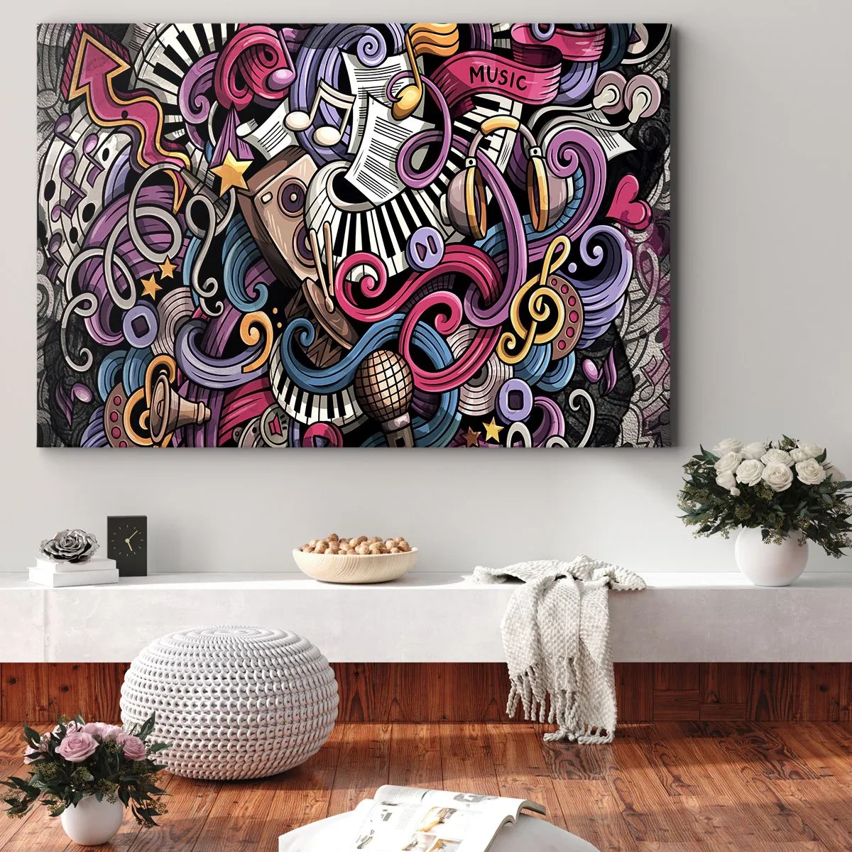 Obraz na plátně - Hudební abstrakce plná barevných nástrojů a not. - 70x50cm - Komplikovaná melodie - Moderní nástěnná dekorace do obývacího pokoje a ložnice ARTTOR