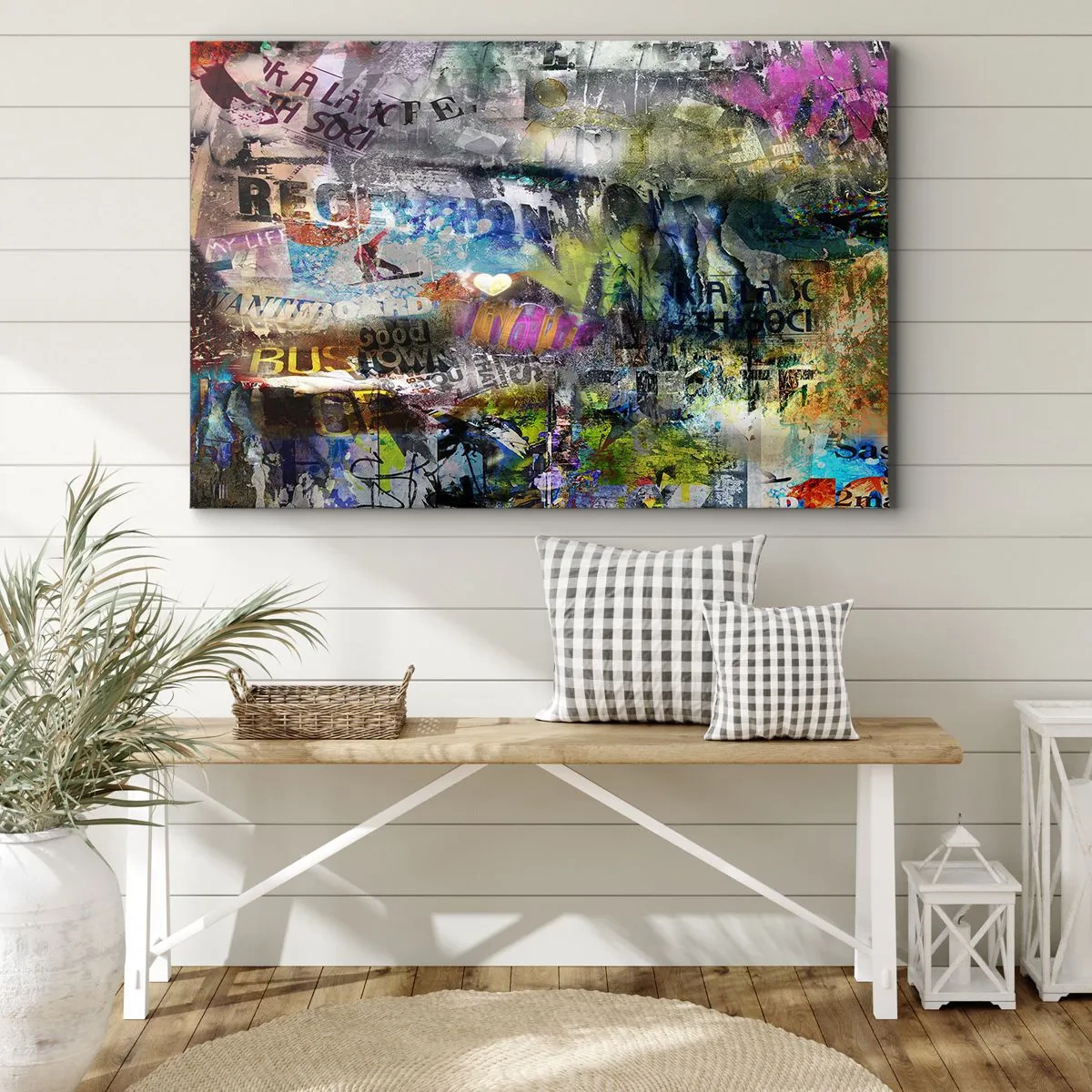 Obraz na plátně - Abstraktní koláž s textem a různými barvami - 70x50cm - Koláž vzpomínek - Moderní nástěnná dekorace do obývacího pokoje a ložnice ARTTOR