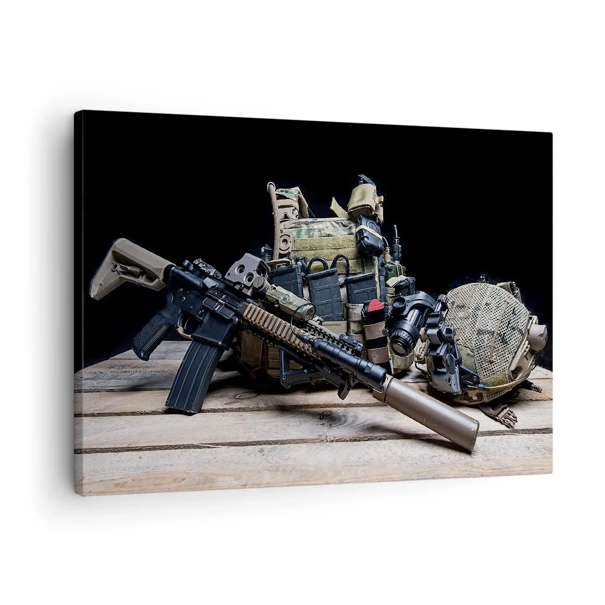 Obraz na plátně - Taktické vybavení s puškou na dřevěném stole - 70x50cm - Pohov! - Moderní nástěnná dekorace do obývacího pokoje a ložnice ARTTOR
