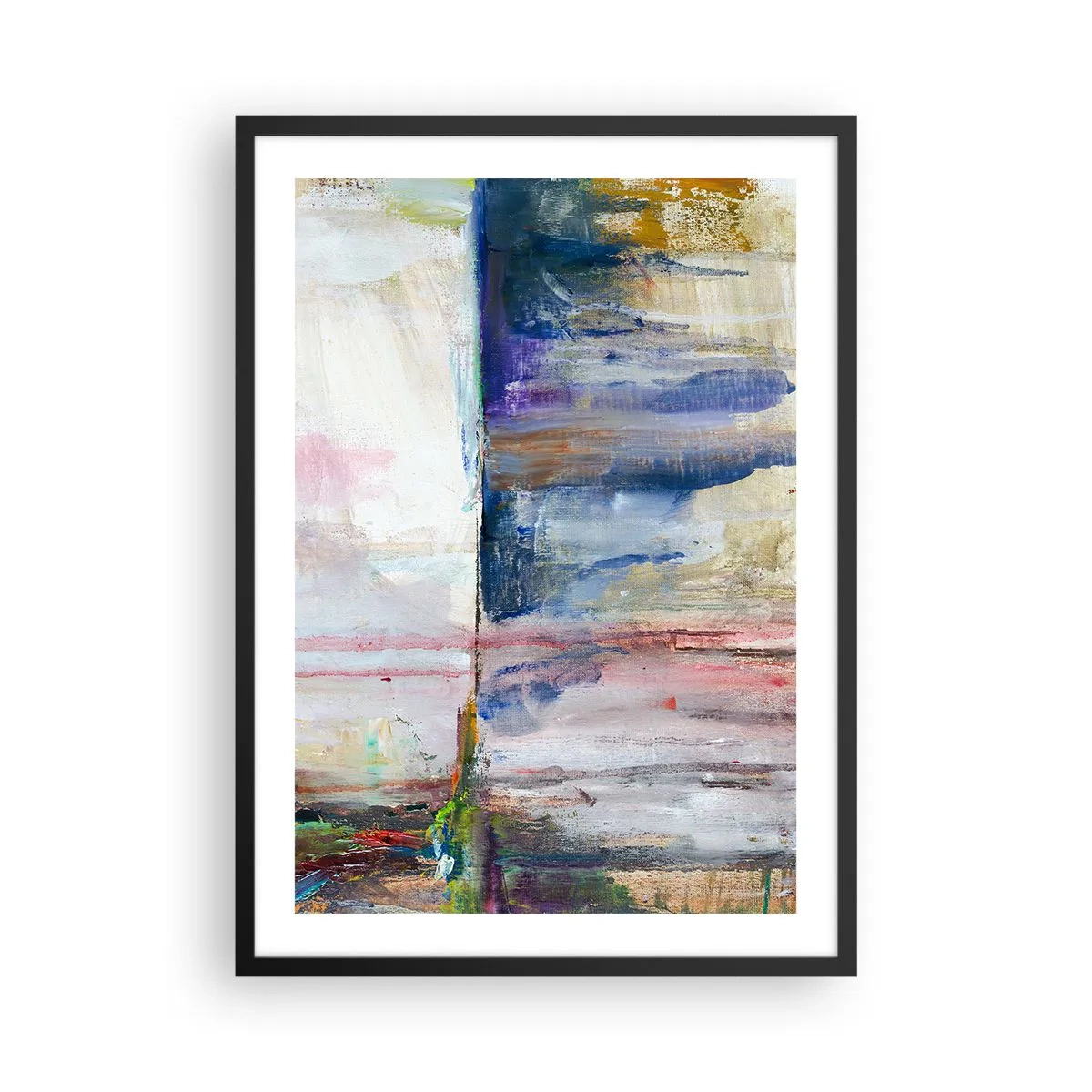 Plakát v černém rámu - Abstraktní kompozice v odstínech modré, béžové a růžové. - 50x70cm - Barevné dojmy a asociace - Moderní nástěnná dekorace do obývacího pokoje a ložnice ARTTOR