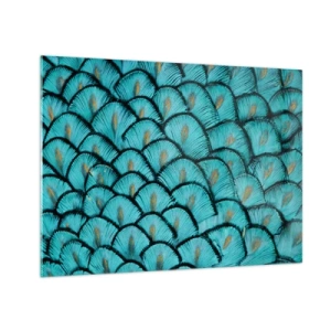 Obraz na skle - Detailní záběr na tyrkysová paví pera tvořící dekorativní vzor. - 70x50cm - Velká slavnost peří - Moderní nástěnná dekorace do obývacího pokoje a ložnice ARTTOR