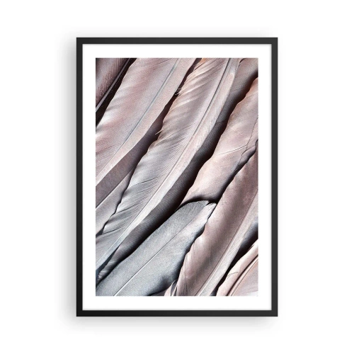 Plakát v černém rámu - Detail jemného, pastelového peří - 50x70cm - V růžové a stříbrné - Moderní nástěnná dekorace do obývacího pokoje a ložnice ARTTOR