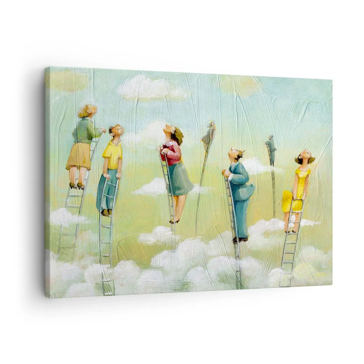 Obraz na plátně - Postavy šplhající po žebřících mezi mraky na pastelovém pozadí. - 70x50cm - Za svým snem - Moderní nástěnná dekorace do obývacího pokoje a ložnice ARTTOR