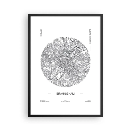 Plakát v černém rámu - Minimalistická černobílá mapa Birminghamu - 50x70cm - Anatomie Birminghamu - Moderní nástěnná dekorace do obývacího pokoje a ložnice ARTTOR