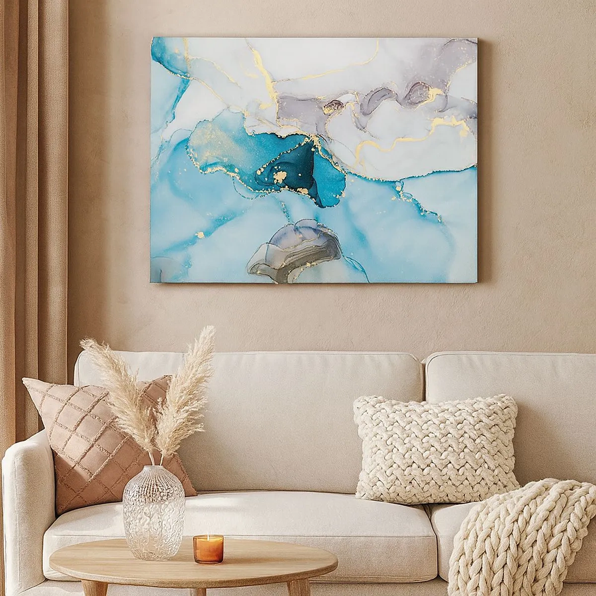 Obraz na plátně - Abstrakce v odstínech modré a zlaté s jemnými liniemi - 70x50cm - Studie o setkání šedé a tyrkysové - Moderní nástěnná dekorace do obývacího pokoje a ložnice ARTTOR