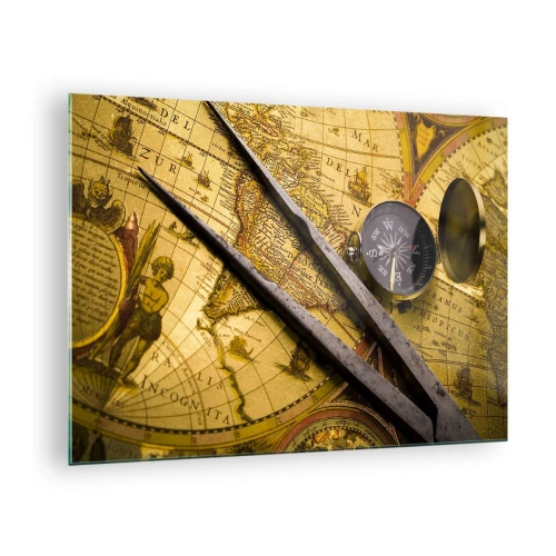 Obraz na skle - Stará mapa s kompasem a buzolou - 70x50cm - Kde jsou ty poklady? - Moderní nástěnná dekorace do obývacího pokoje a ložnice ARTTOR