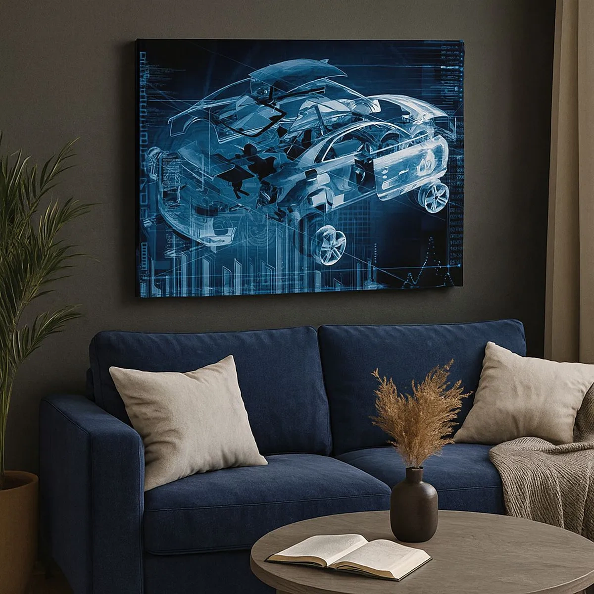 Obraz na plátně - Moderní technický výkres automobilu s konstrukčními prvky - 70x50cm - Inženýrská anatomie - Moderní nástěnná dekorace do obývacího pokoje a ložnice ARTTOR