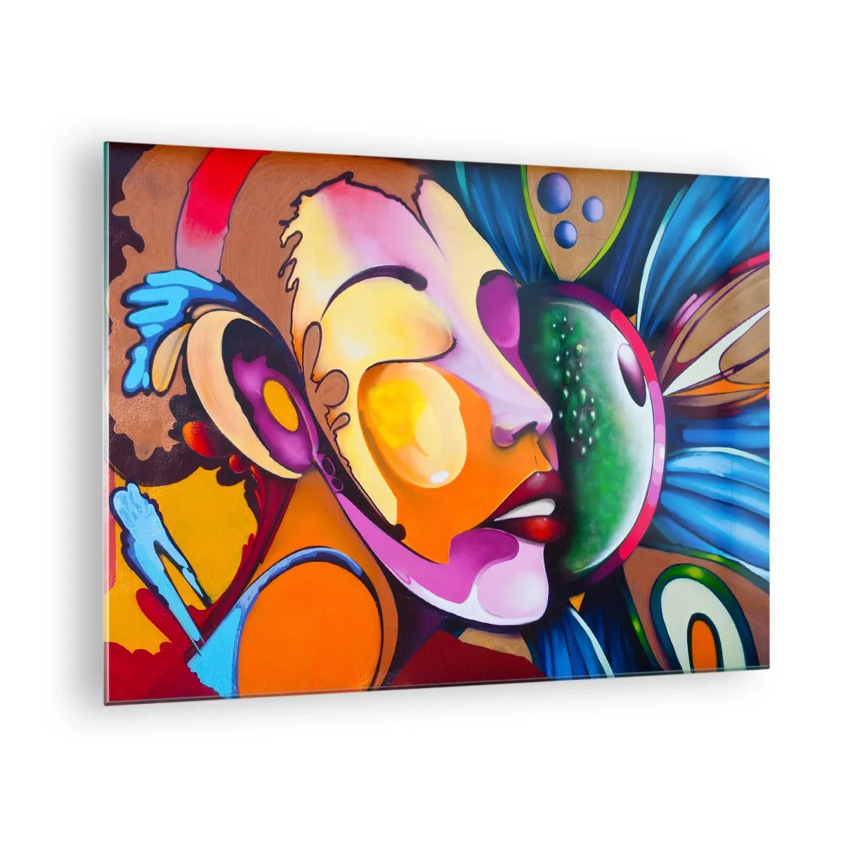 Obraz na skle - Barevná abstrakce tváří ve stylu pouličního umění - 70x50cm - Dotknout se barvou - Moderní nástěnná dekorace do obývacího pokoje a ložnice ARTTOR