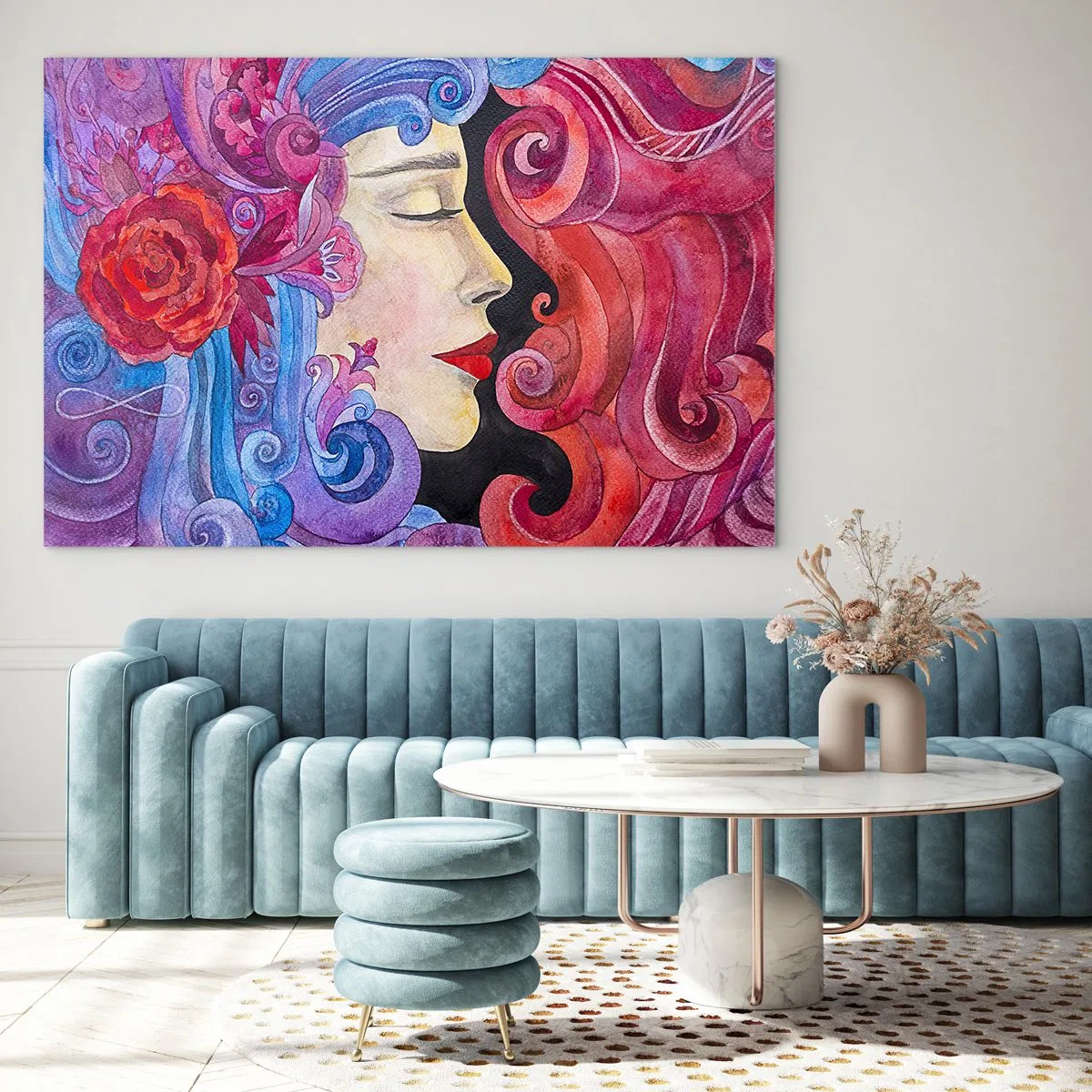 Obraz na skle - Barevný portrét ženy v secesním stylu s bohatou ornamentikou - 70x50cm - Secese stále živá - Moderní nástěnná dekorace do obývacího pokoje a ložnice ARTTOR
