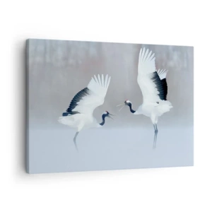 Obraz na plátně - Dva jeřábi tančící v mlhavé krajině - 70x50cm - Tanec v mlze - Moderní nástěnná dekorace do obývacího pokoje a ložnice ARTTOR