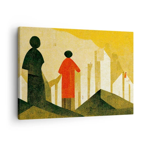 Obraz na plátně - Geometrické siluety v červené a zelené barvě na žlutém pozadí - 70x50cm - Ještě hodně daleko - Moderní nástěnná dekorace do obývacího pokoje a ložnice ARTTOR