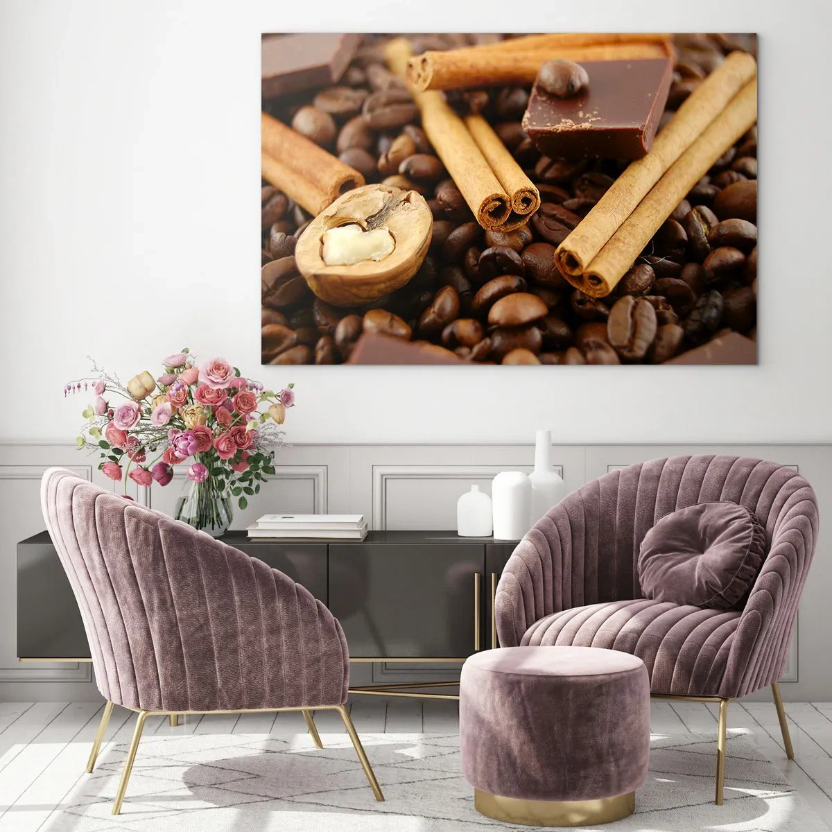 Obraz na skle - Káva, skořice, čokoláda a ořechy detail - 70x50cm - Koncert vůní - Moderní nástěnná dekorace do obývacího pokoje a ložnice ARTTOR