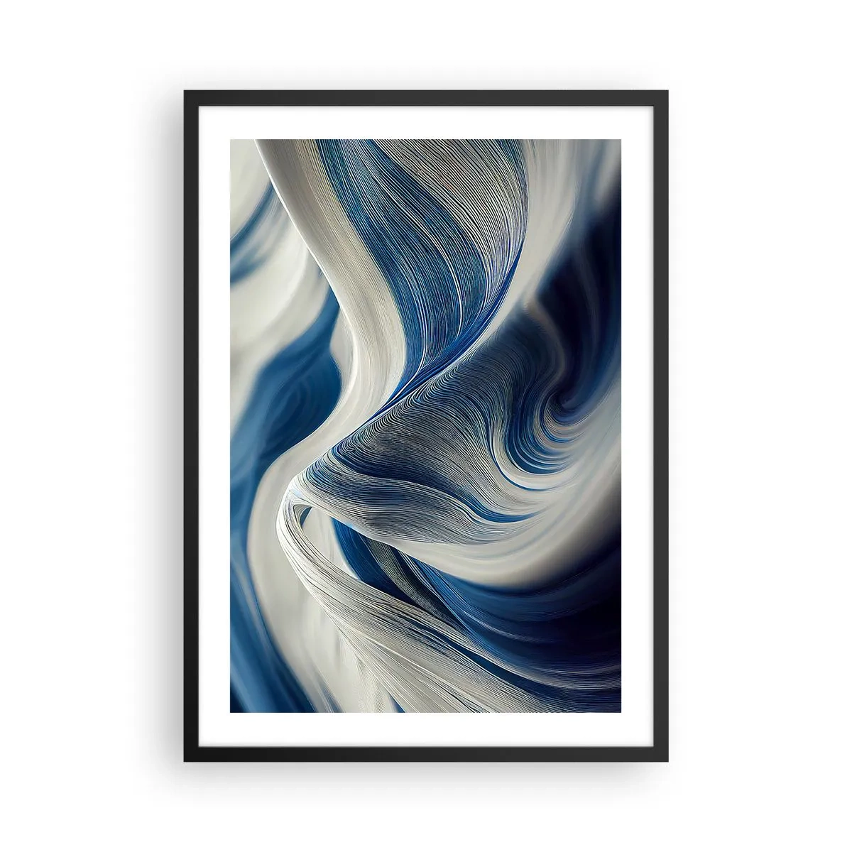 Plakát v černém rámu - Abstraktní vlny v odstínech tmavě modré a bílé - 50x70cm - Plynulost modré a bílé - Moderní nástěnná dekorace do obývacího pokoje a ložnice ARTTOR