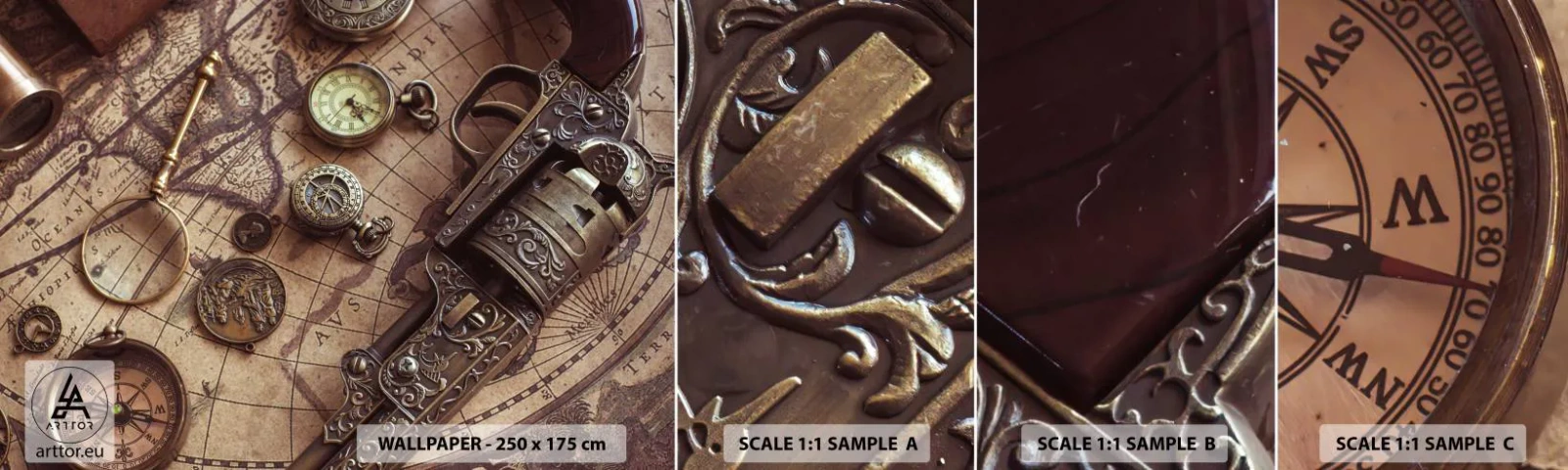 Vzor Fototapety Samolepicí Deluxe Sticker - Dobrodružství volá - Mapa světa, Kompas, Revolver - 100x30 cm