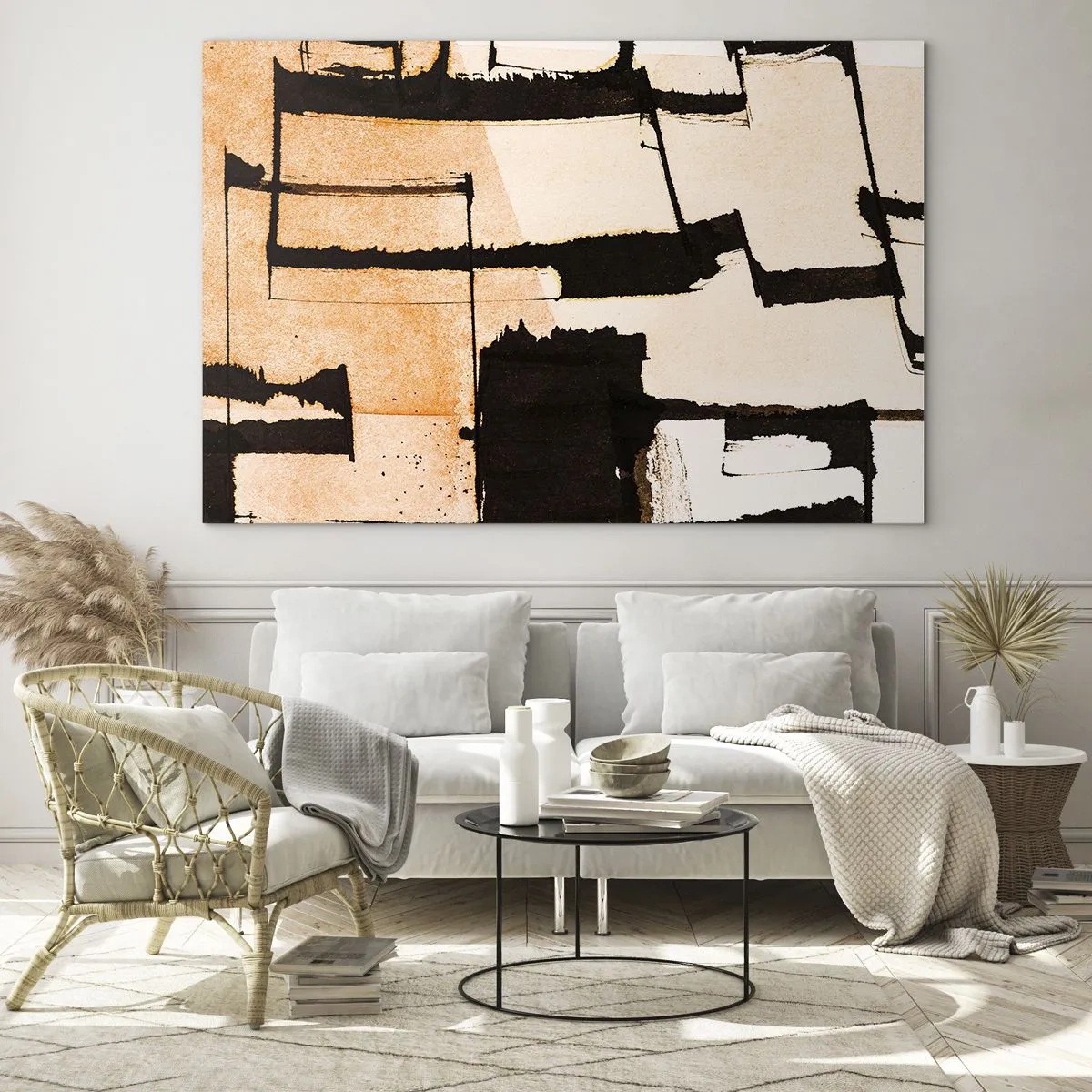 Obraz na skle - Geometrická abstrakce v odstínech béžové a černé - 70x50cm - Avšak pořádek - Moderní nástěnná dekorace do obývacího pokoje a ložnice ARTTOR