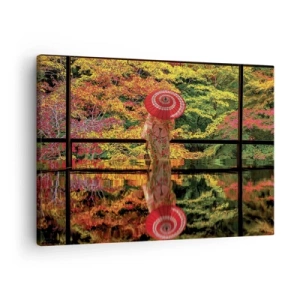 Obraz na plátně - Žena v kimonu s deštníkem na pozadí podzimní krajiny. - 70x50cm - V chrámu přírody - Moderní nástěnná dekorace do obývacího pokoje a ložnice ARTTOR
