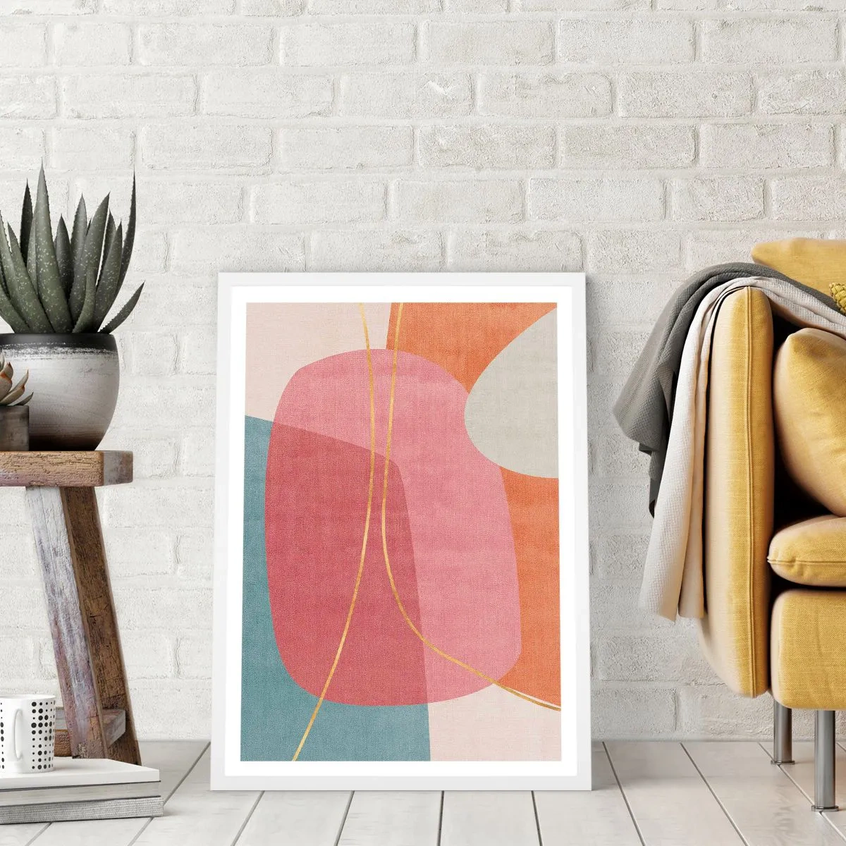 Plakát v bílém rámu - Pastelová kompozice se zlatou nití - 40x50 cm