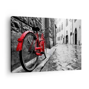 Obraz na plátně - Červené kolo v černobílé ulici - 70x50cm - Skutečná krása nestárne - Moderní nástěnná dekorace do obývacího pokoje a ložnice ARTTOR